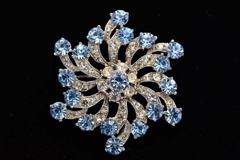 Bogoff Vintage Flower Pin Brooch Blue Rhinestone Crystal Signed 1950s BinBI